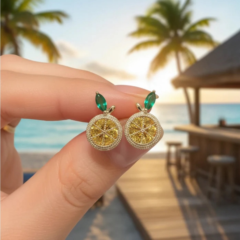 Gold Citrus Crystal Stud Earrings with Yellow and Green Accents - Women Jewelry